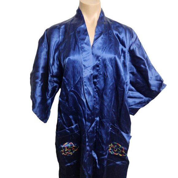 Vintage Asian Silk Kimono Robe Embroidered Dragon Blue Long Size Medium - Picture 7 of 9